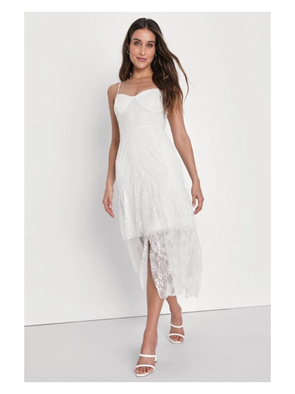 Lulus FD605K / Lulus 2082396 Elaborate Love White Lace Bustier Tiered High-Low